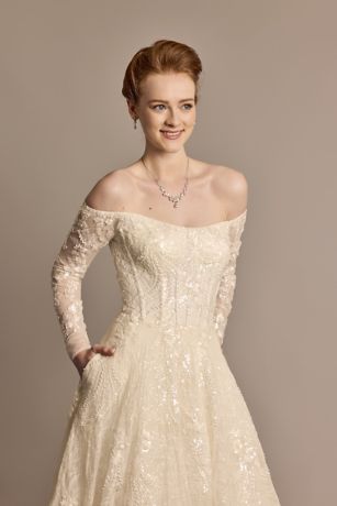 knee length dresses for ladies Pearl-Embellished Off-The-Shoulder A-Line Lace Wedding Dress with Long Sleeves