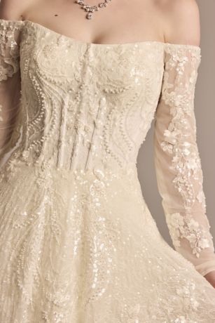 Off-the-Shoulder Pearl Beaded Lace Wedding Dress | David's Bridal