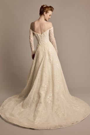 Off-the-Shoulder Pearl Beaded Lace Wedding Dress | David's Bridal