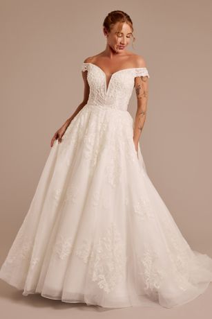 Off-the-Shoulder Plunge Ball Gown Wedding Dress Image