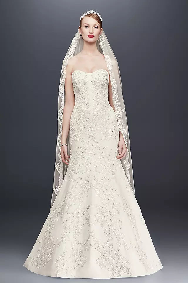 Oleg Cassini Satin Lace Strapless Wedding Dress Image