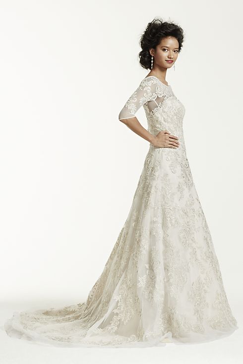 As-Is Oleg Cassini 3/4 Sleeve Lace Wedding Dress Image 3