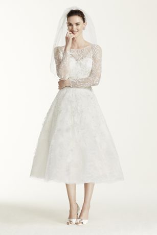 Oleg Cassini Tea Length Lace Tulle Wedding Dress