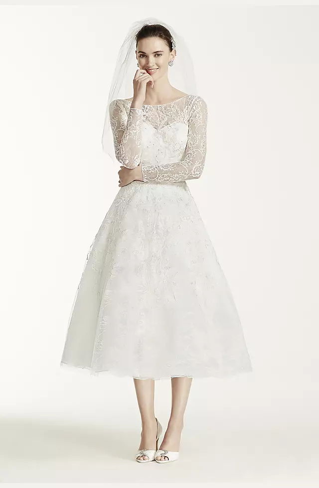 Oleg Cassini Tea Length Lace Tulle Wedding Dress Image