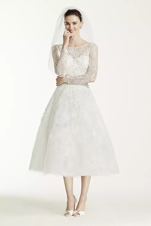 Oleg Cassini Tea Length Lace Tulle Wedding Dress Image 1
