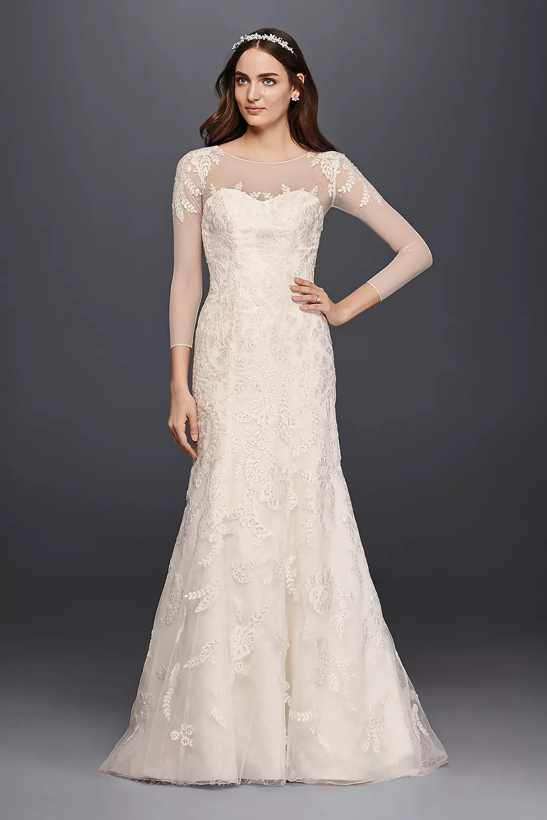 Oleg Cassini Lace Wedding Dress with 3/4 Sleeves  Image