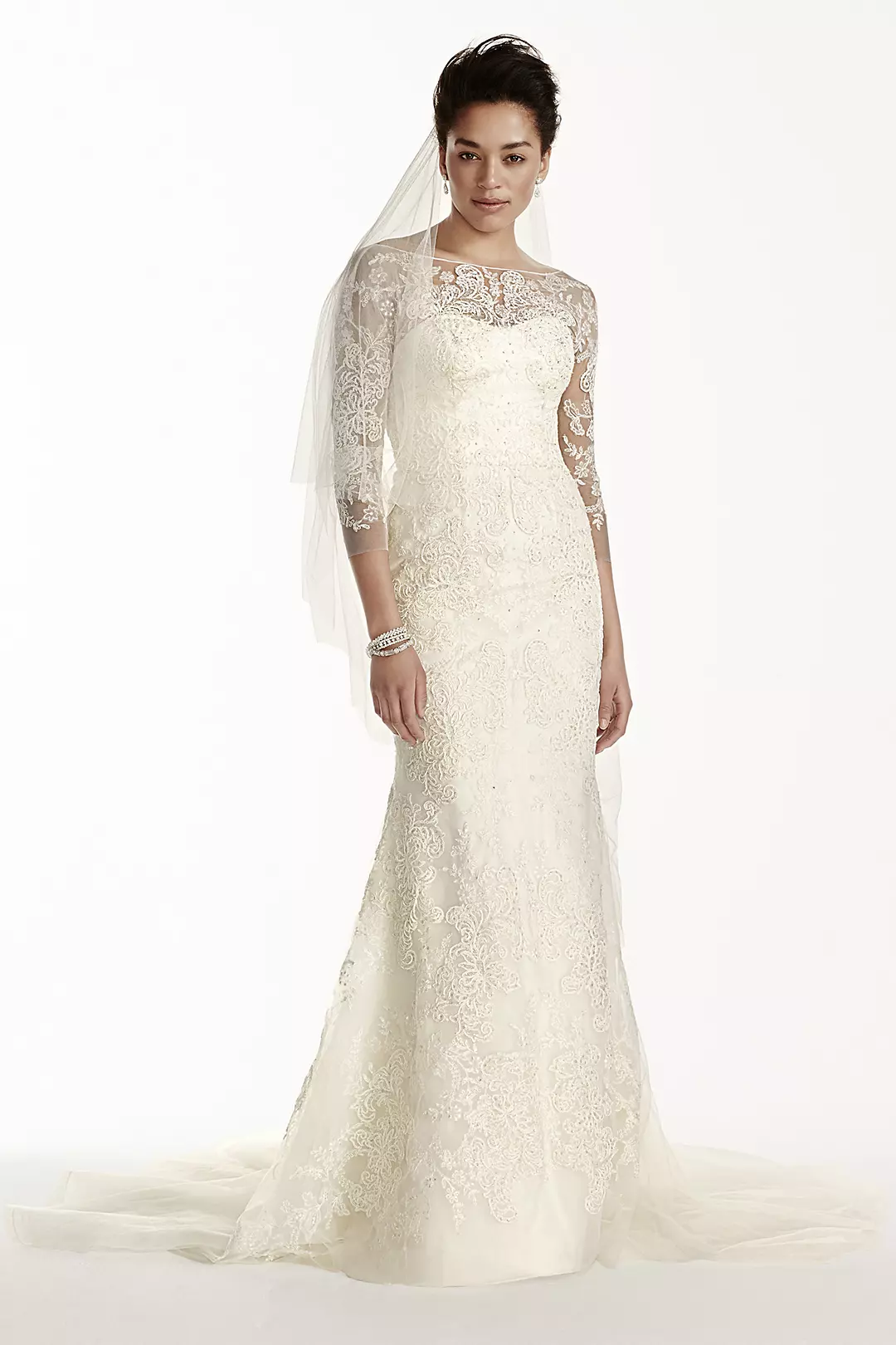 Oleg Cassini Tulle Wedding Dress with 3/4 Sleeves Image