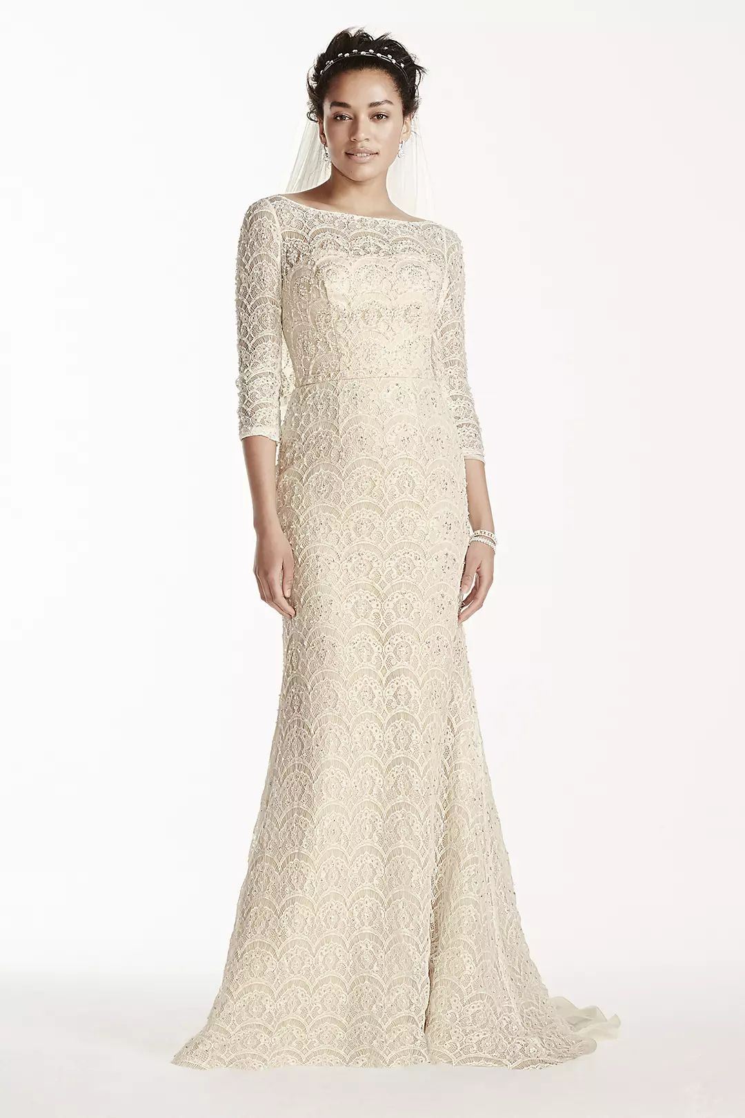 As-Is Petite Beaded Lace 3/4 Sleeved Wedding Dress Image