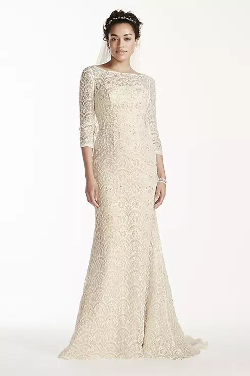 As-Is Petite Beaded Lace 3/4 Sleeved Wedding Dress Image 1