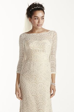 Oleg Cassini Beaded Lace 3/4 Sleeved Wedding Dress | David's Bridal