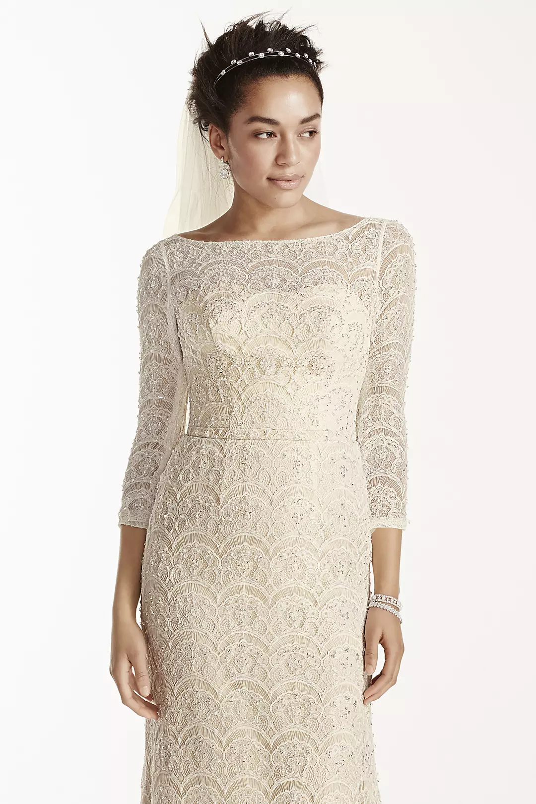 As-Is Petite Beaded Lace 3/4 Sleeved Wedding Dress Image 3