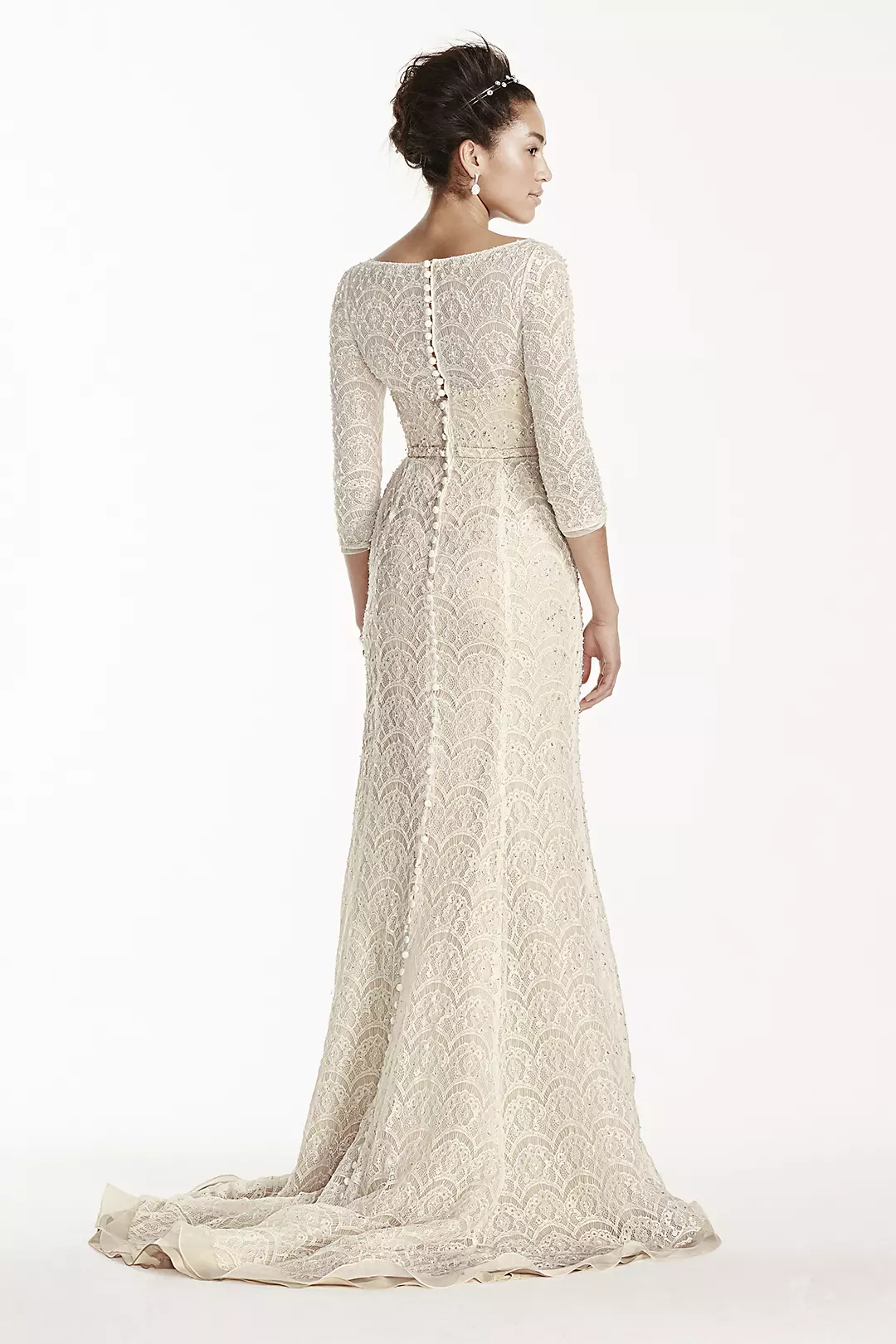 Oleg Cassini Beaded Lace 3/4 Sleeved Wedding Dress Image 2