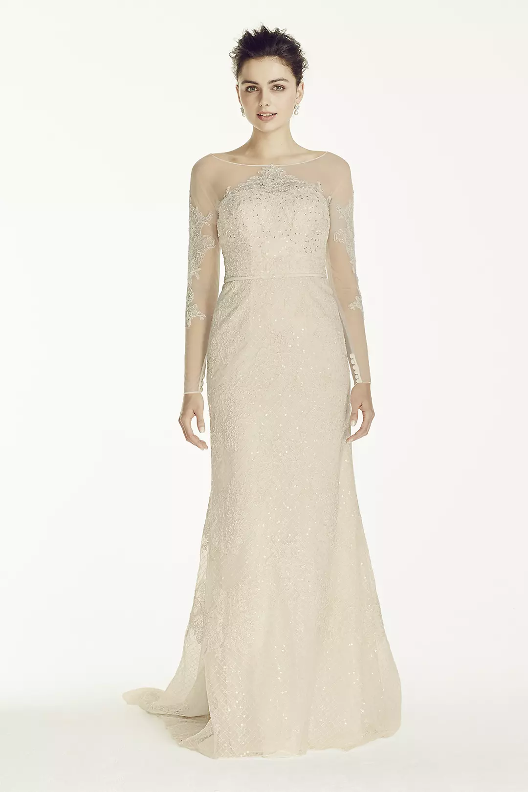 Oleg Cassini Illusion Sleeved Lace Wedding Dress Image