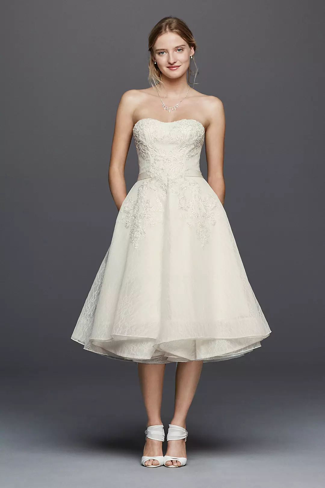 Oleg Cassini Short Strapless Lace Wedding Dress Image
