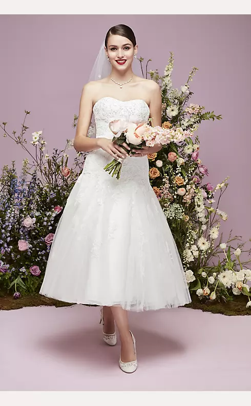 Oleg Cassini Tea Length Wedding Dress with Lace  Image 4