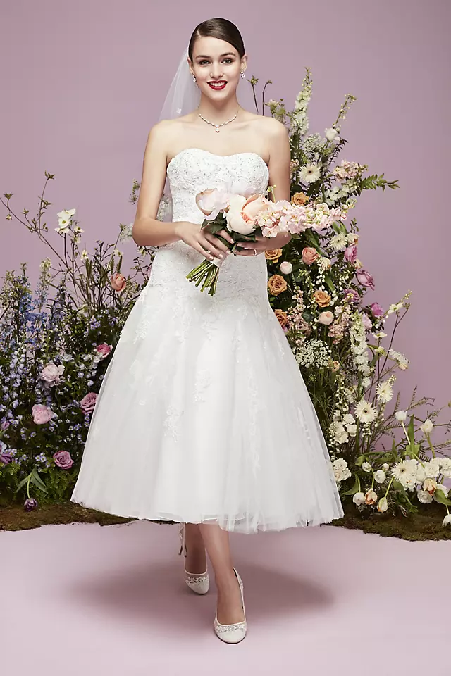 Oleg Cassini Tea Length Wedding Dress with Lace  Image 4