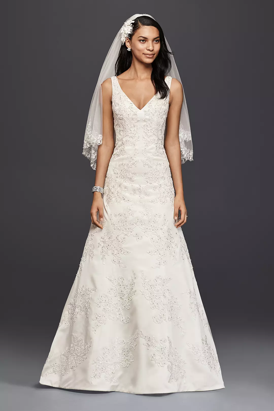Oleg Cassini V-Neck Lace A-Line Wedding Dress Image