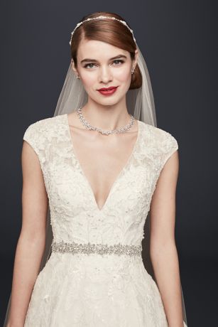 Oleg Cassini V-Neck Cap Sleeve Wedding Dress | David's Bridal