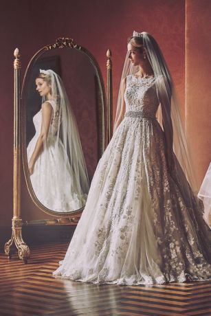 Beaded Lace Wedding Dress with Pleated Skirt | David's Bridal