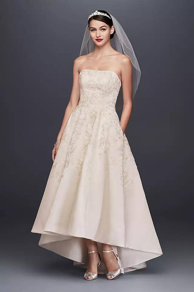 Embroidered Satin High-Low Wedding Dress Image