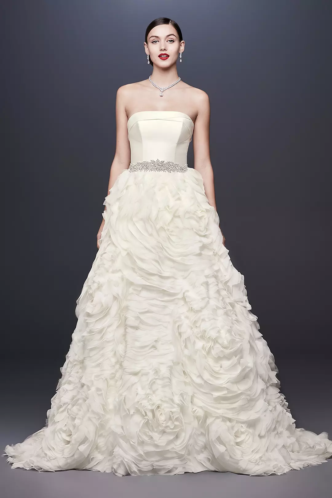 Chiffon Rosette Strapless Ball Gown Wedding Dress Image