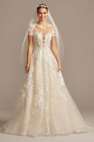 oleg cassini dress bridal david dresses gown ball sleeve lace illusion cap gowns davidsbridal sleeves