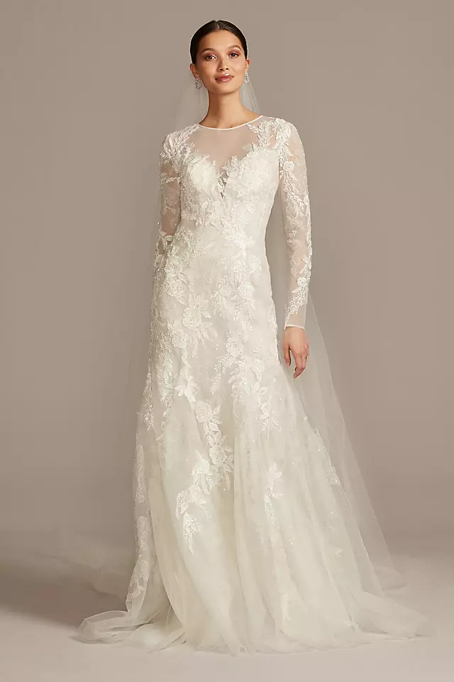 As Is Stretch Illusion Beaded Floral Wedding Dress Image