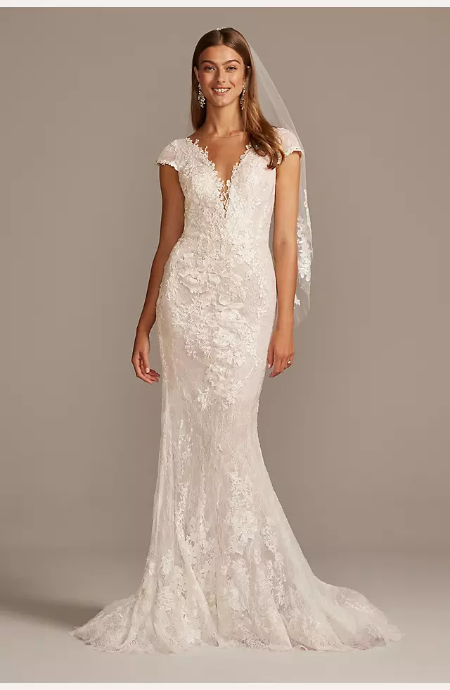 Timeless Champagne Lace Cap Sleeve Mermaid Wedding Dress - Lunss