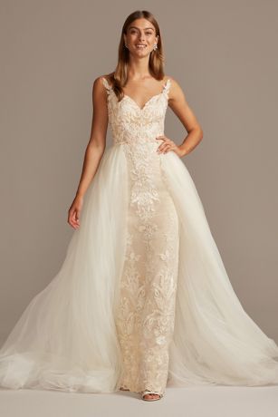 Lace sheath wedding dress with cheap removable overskirt