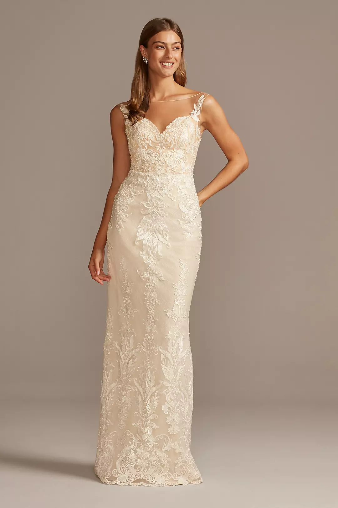 As Is Sheath Wedding Dress with Tulle Overskirt | David's Bridal As Is Sheath Wedding Dress with Tulle Overskirt | David's Bridal