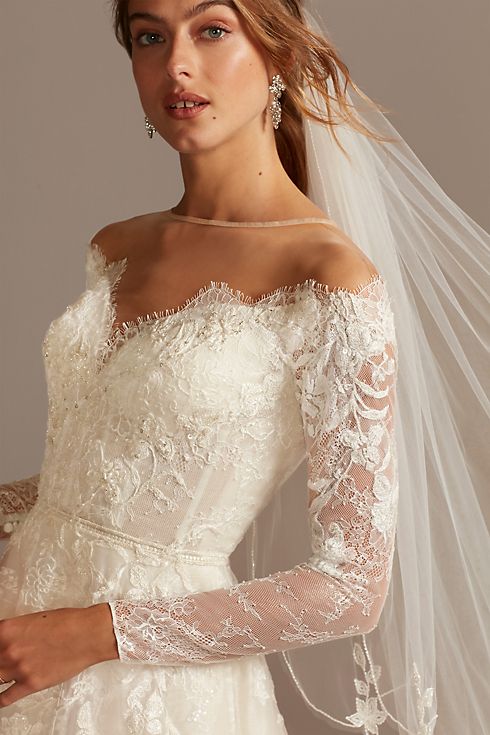 Shimmer Lace Long Sleeve Applique Wedding Dress | David's Bridal