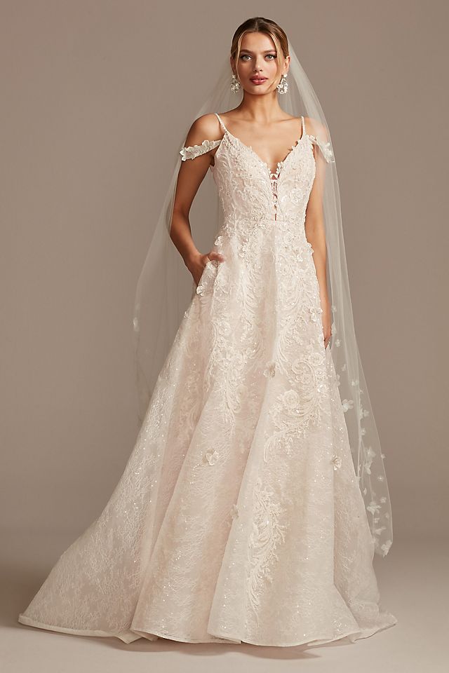 Beaded Applique Wedding Dress with Swag Sleeves Image 1