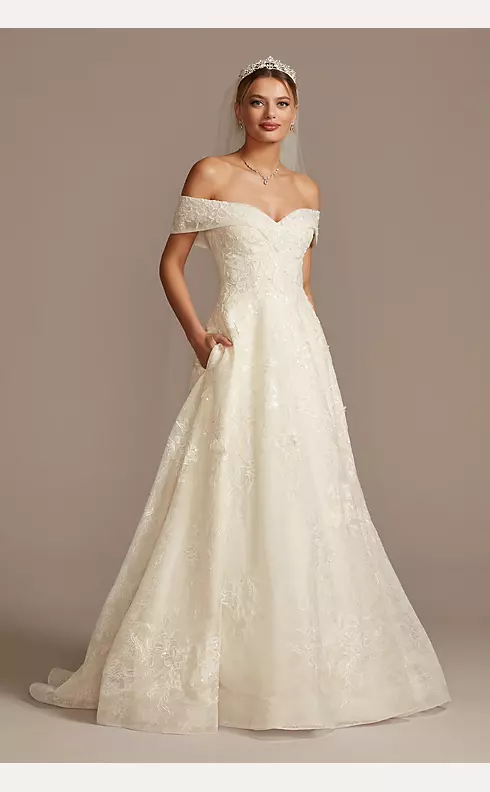 Cuff Off the Shoulder Lace 3D Floral Wedding Dress Image 1