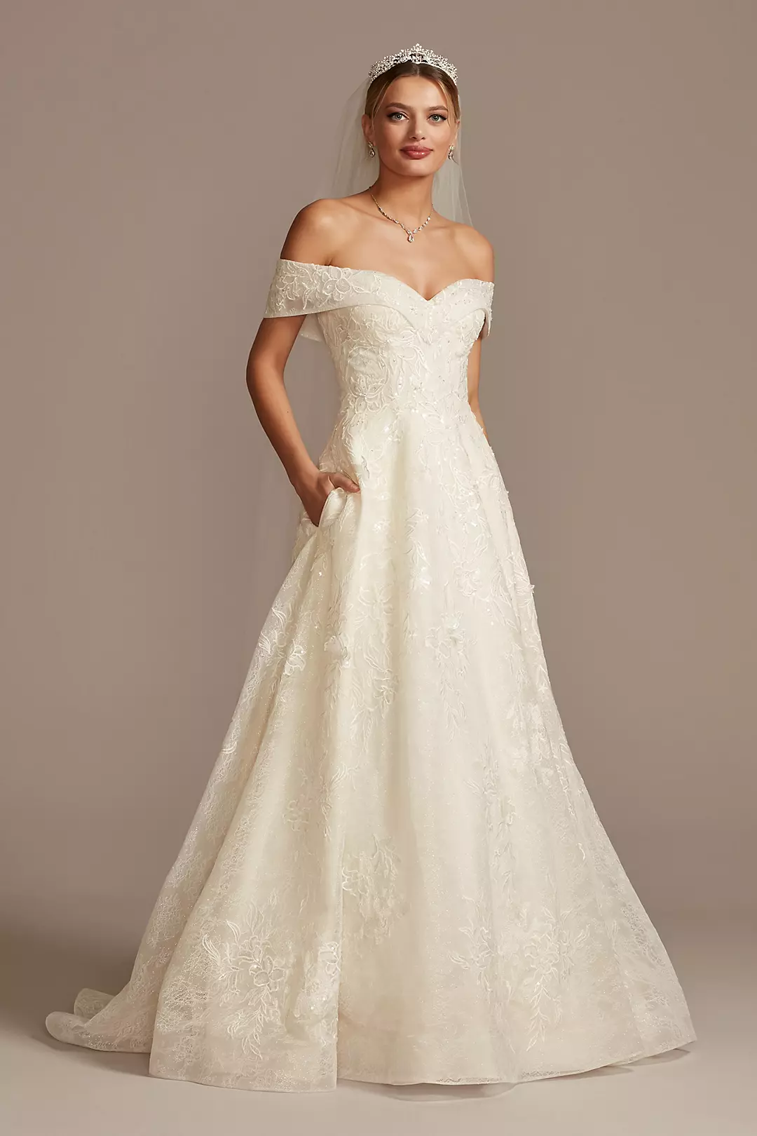 Cuff Off the Shoulder Lace 3D Floral Wedding Dress Image