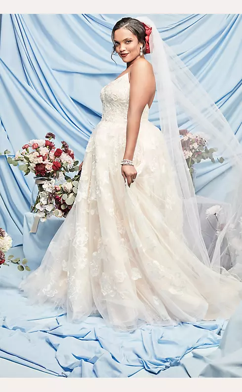 Large Floral Applique Beaded Strap Wedding Dress