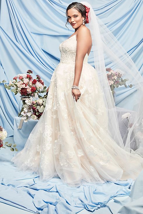 Large Floral Applique Beaded Strap Wedding Dress Image 7