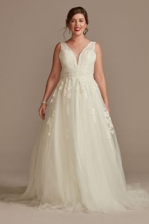 Embroidered V Neck Wedding Dress with Tulle Skirt David s Bridal