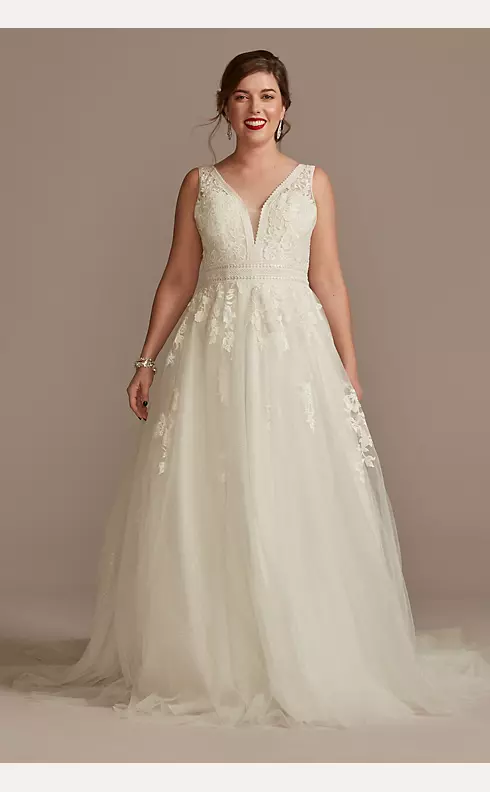 Embroidered V-Neck Wedding Dress with Tulle Skirt Image 1