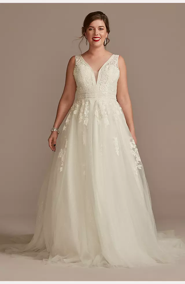 Embroidered V-Neck Wedding Dress with Tulle Skirt Image
