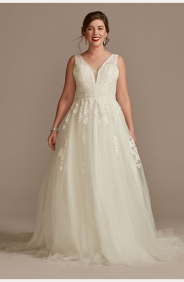 Short Sleeve V-neckline A-line Wedding Dress With Embroidered Tulle
