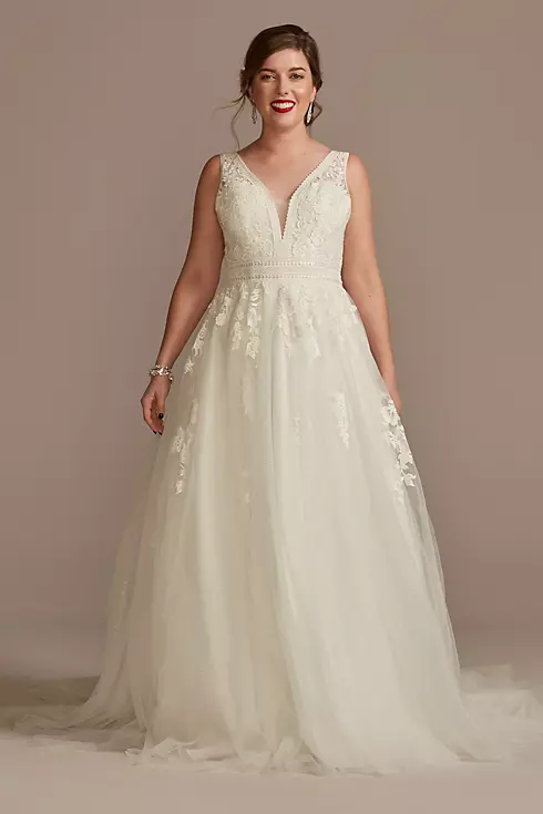 Embroidered V-Neck Wedding Dress with Tulle Skirt Image 1