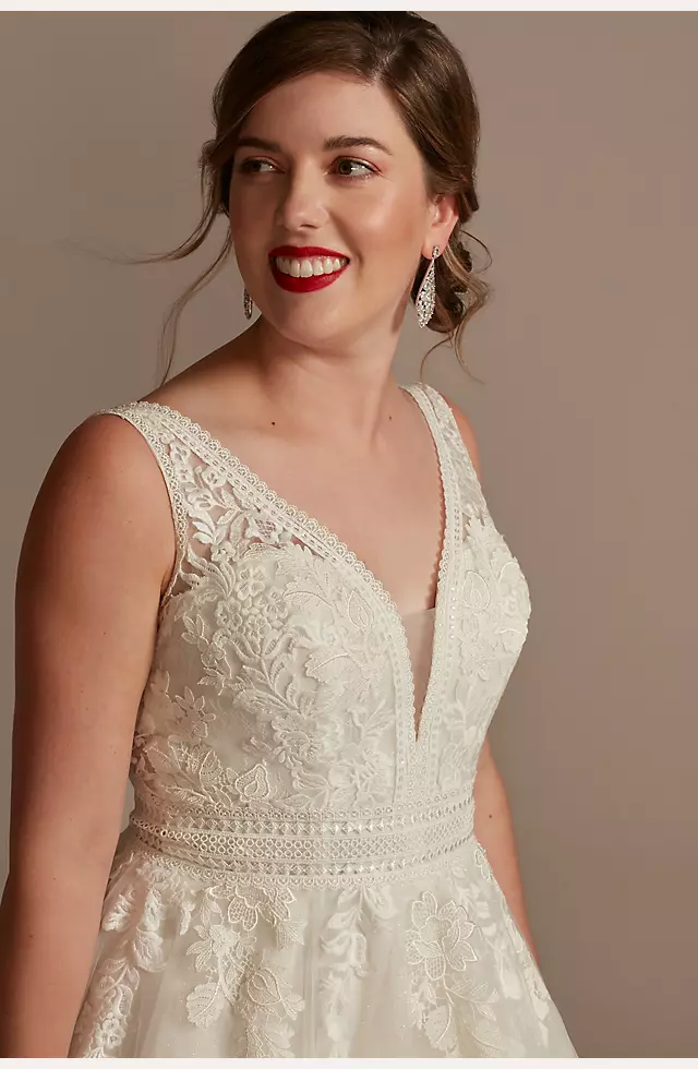 Embroidered V-Neck Wedding Dress with Tulle Skirt Image 3