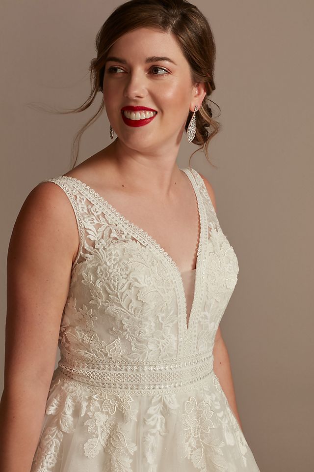 Embroidered V-Neck Wedding Dress with Tulle Skirt Image 7