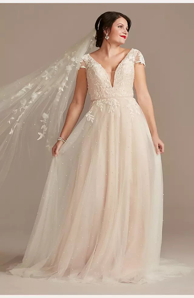 Cap Sleeve Pearl Tulle Wedding Dress with Low Back Image