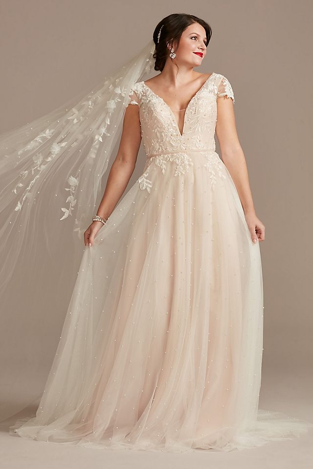 Cap Sleeve Pearl Tulle Wedding Dress with Low Back Image