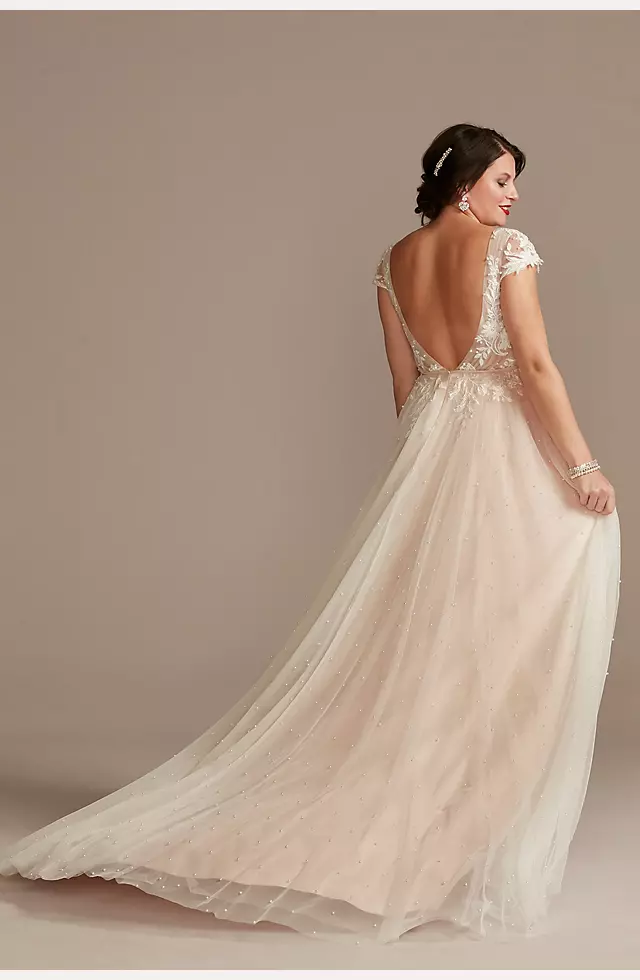 Cap Sleeve Pearl Tulle Wedding Dress with Low Back Image 2