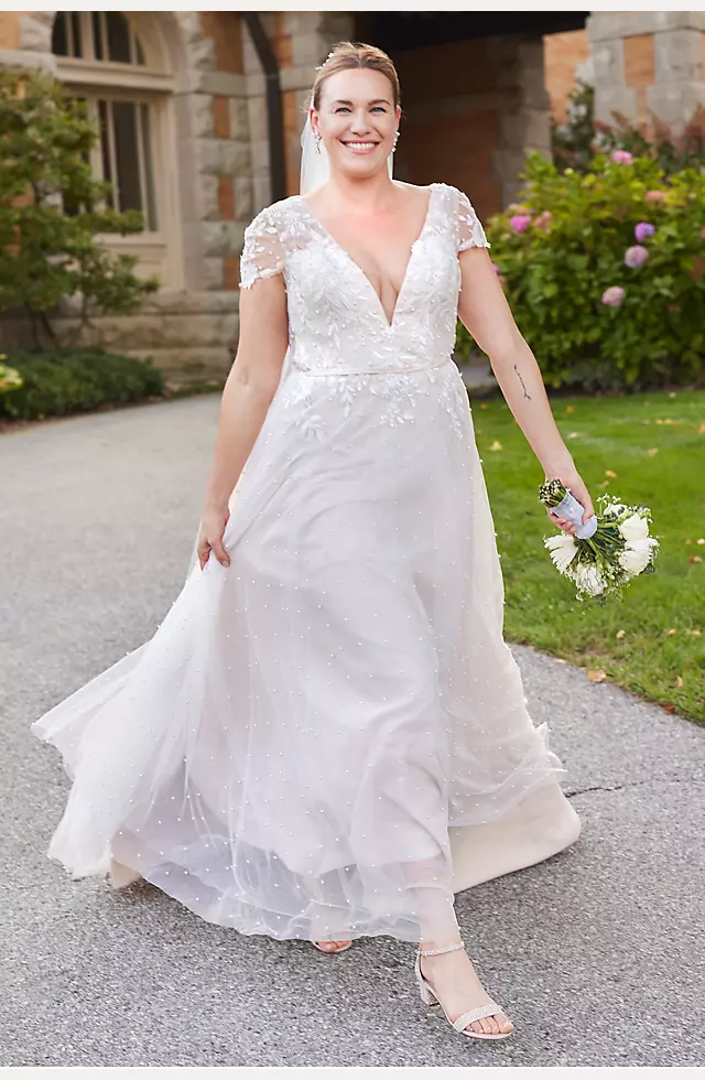 Cap Sleeve Pearl Tulle Wedding Dress with Low Back Image 4