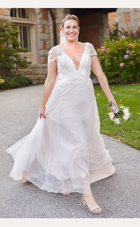 Cap Sleeve Pearl Tulle Wedding Dress with Back David's Bridal
