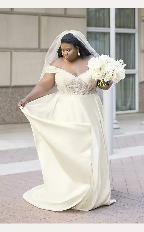Sheer Beaded Off Shoulder Satin Wedding Dress