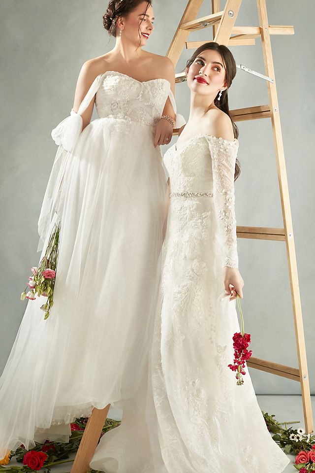 Leafy Applique Lace Off the Shoulder Wedding Dress Image 5